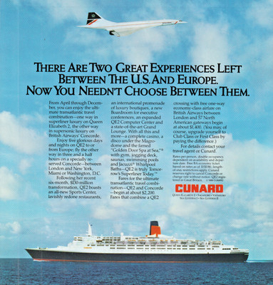 Cunard Print Ad Advertisement 9''x11'' QE2 Concorde British Airways