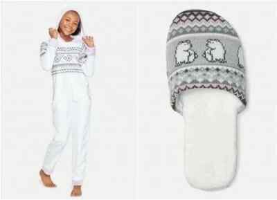 Justice One Piece Pajamas Hooded Fleece Fair Isle Polar Bear W/Slippers 10 USED