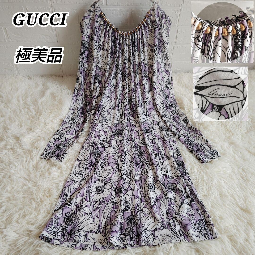 Gucci floral print dress with gold beads and long sleeves vintage  