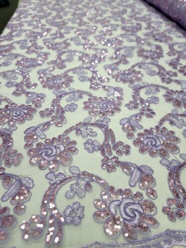 Lavender Lace Floral Flowers Sequins Embroidered Fabric Sold By Yard Prom Dress  - Afbeelding 1 van 10