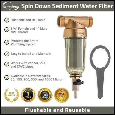iSpring Reusable Spin Down Sediment Water Filter, 20 GPM, 1" MNPT + 3/4" FNPT