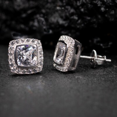 MEN 925 STERLING SILVER SQUARE 10MM ICY CZ GOLD PLATED 3D STUD EARRING*AGE196
