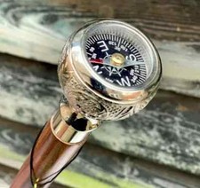 CLASSIC STYLE WOODEN WALKING STICK CANE BRASS COMPASS HANDLE NICKEL PLAT/