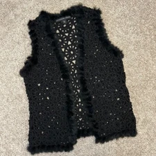 Josephine Chaus Women Crochet Open Cardigan Wool Blend Rabbit Fur Trim Small