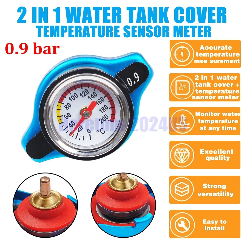 Cubierta de tapa de radiador termostática de cabeza pequeña azul medidor de temperatura del agua 0,9 BAR para automóvil Foto 2 de 4