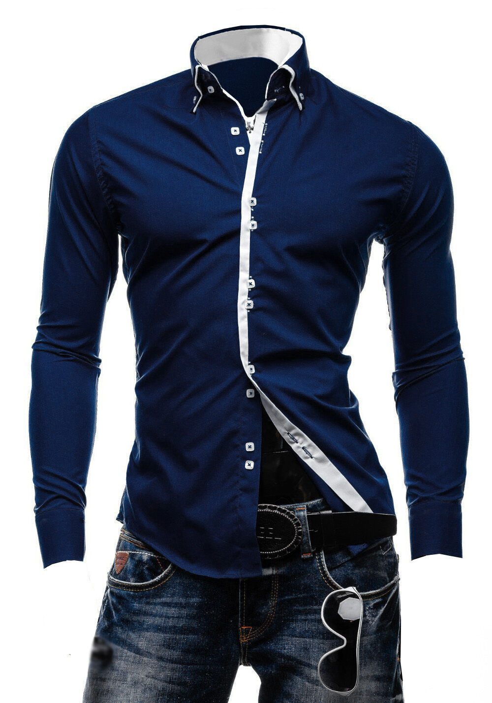 Stylish Mens Slim Fit Casual Double Collar Shirt Long Sleeve M L XL XXL ...