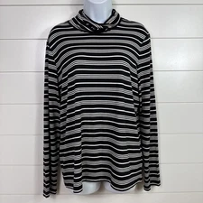 Women's Talbots Black White Striped Thermawarmth Turtleneck Tee Shirt sz L
