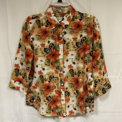 Christopher & Banks Small Floral LS Button Down Blouse Collared Career