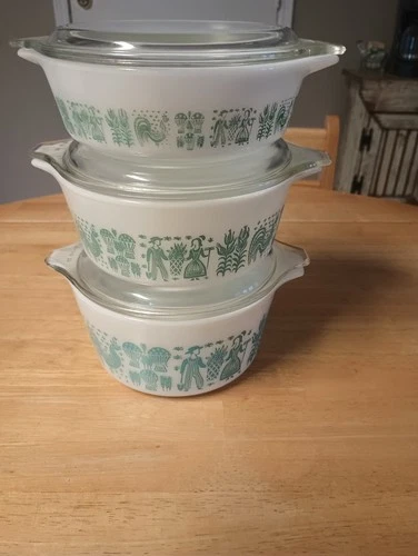 Pyrex Vintage Amish Butterprint Turquoise Casserole Set 471-473 With Lids