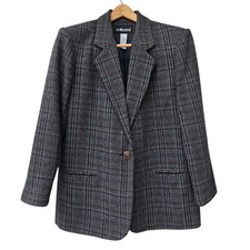 Vintage Sag Harbor Tartan Plaid Wool Blend Blazer Size 14 Petite One Button