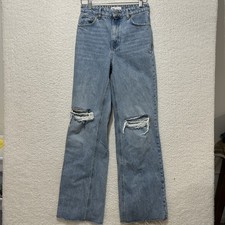 Zara Jeans Womens Blue Light Wash Cotton Wide Leg Fit Denim Distressed Size 4