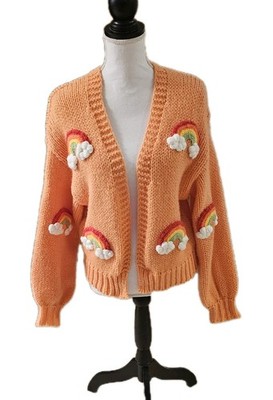 Italy Moda Chunky Knit S/M Cropped Cardigan Rainbow Cloud Applique Grannycore