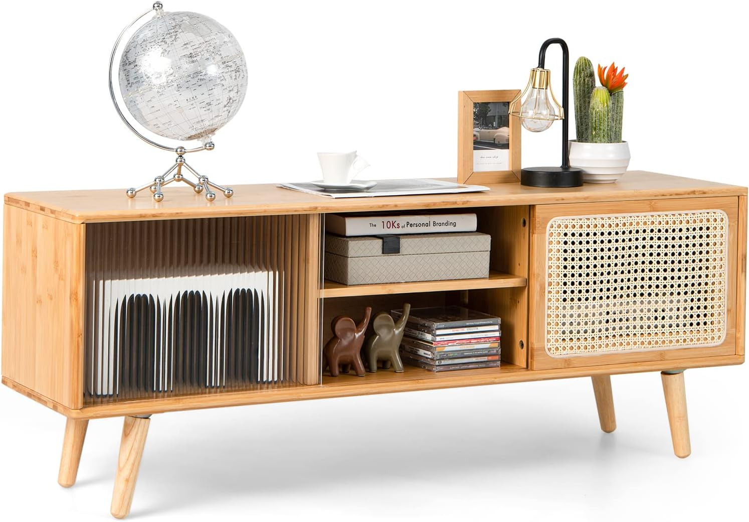 For Tvs Up To 55" With Adjustable Shelf & Rattan Doors