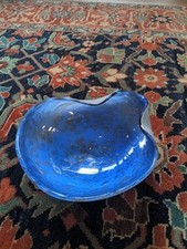 Vintage Murano Blue Art Glass Bowl with Aventurine Flecks - Lattimo Base - 8.75"