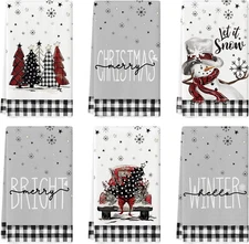 Buffalo Plaid Christmas Towels Set of 6, Snowman Truck & Xmas Trees, 18x26 Inch,