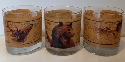 Vintage Whiskey Glasses Hunting Bear Pheasant Deer Tom O'Brien Set Of 3