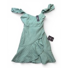 Lulus Sage Green Eyelet Ruffle Off Shoulder Mini Dress NWT Wedding Guest