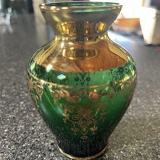 Murano Vecchia Emerald Green Art Glass Vase w/24K Gold Trim Italy 5" x 3" Vtg