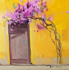 Bright Yellow House Painting PRINT by Artist Jose Trujillo Bougainvillea Bush