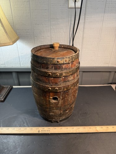 Antique Oak Barrel Keg w/ Original Bands & Lid | Primitive Rustic Farm Decor