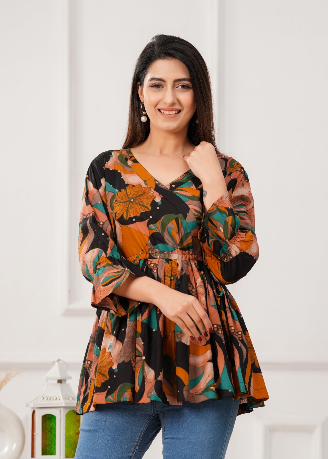 Floral Peplum Tunic Top Cotton Black Angraka V Neck 3/4 Sleeve Kurti Blouse Boho