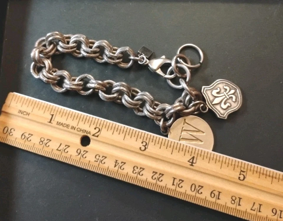 Vintage JOHN WIND Chunky Fleur De Lis e Berloque "JW" Tom Dourado 7"+ Pulseira! - Imagem 4 de 4