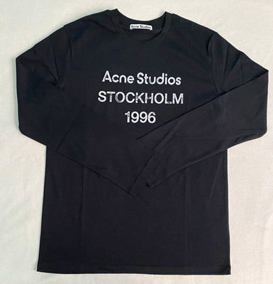 Acne Studios Herren T-Shirt Langarm Schwarz Rundhals Logo-Print Stockholm 1996 S