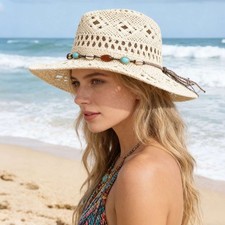 Women Men Western Cowgirl Hat Straw Cowboy Shapeable Wide Brim Summer Retro Hat