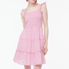 J.Crew Pink Striped  Ruffle Mini Dress S Preppy Costal Picnic Coquette Nautical