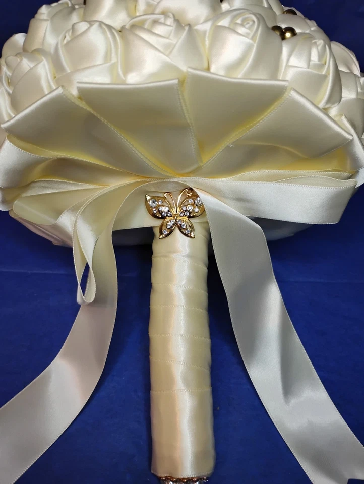 Champagne Gold Colored Broach On Ivory Satin Rose Style Bridal Bouquet With... - Image 3 of 4