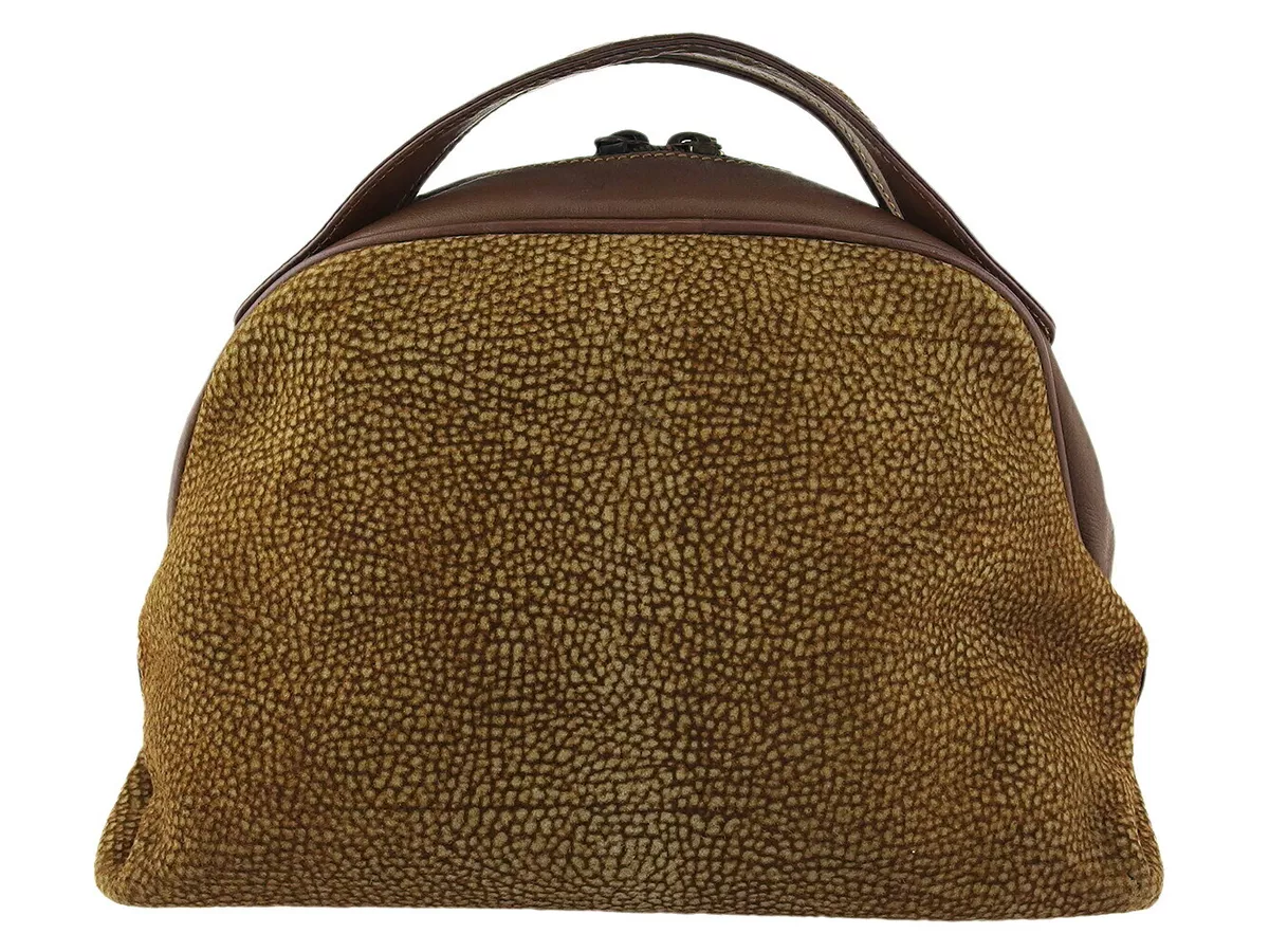 BORBONESE Handbag Ushura Pattern Beige Suede ?~ Leather Authentic Used G1614