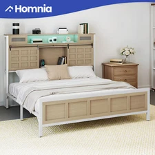 King Size Metal Bed Frame 80"x76"x49" w/ Sliding Door Storage Headboard