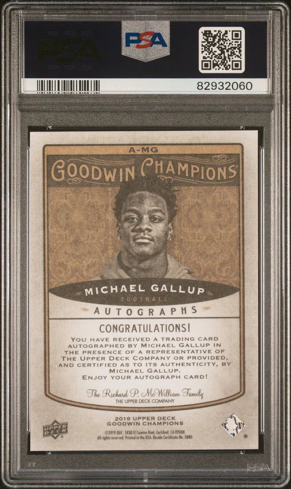 2019 Upper Deck Goodwin Champions Autograph #A-MG Michael Gallup Autograph PSA 9 - Image 2 of 2