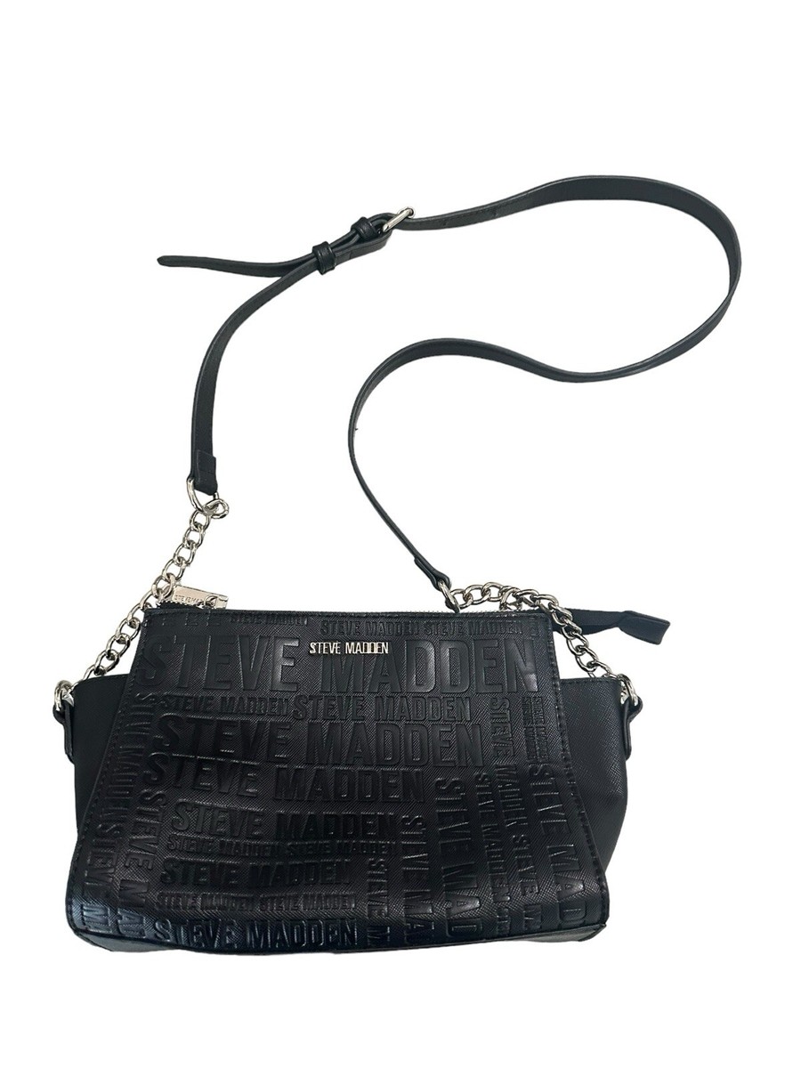 送関込☆STEVE MADDEN ロゴ ハンドバッグ STEVE MADDEN Stamped Logo Black With Silver Hardware Bag