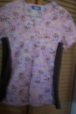 WOMAN'S FACTORY UNIFORMS SHORT SLEEVE MONKEY SCRUB TOP SHIRT SIZE M SMALLER