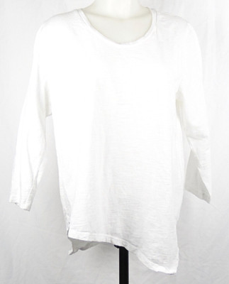 Studio Park White 3/4 Sleeve Slub Cotton Knit Asymmetrical Hem T-Shirt M
