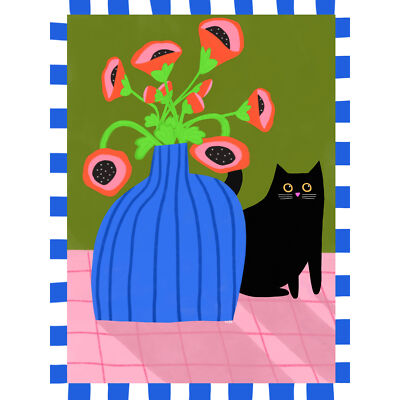 Blau gemusterte Vase und schwarze Katze Illustration Kunst Leinwand Bild Druck 18X24