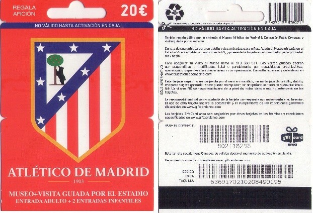 ESPAÑA. TARJETA REGALO - GIFT CARD. FUTBOL, ATLETICO DE MADRID. 20 EUROS. (051)
