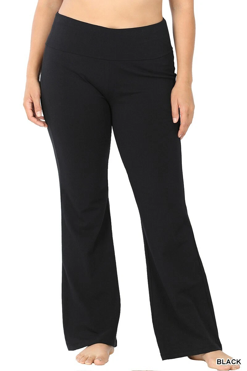 Zenana Plus Size Yoga Pants Womens Fold Over Waist Flare Cozy Black 3X