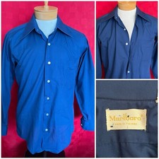 VINTAGE 1970s Marlboro Navy Blue Mens Button Down Large Big Lapel Dress Shirt