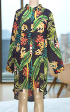 Papillon Dress Tunic Long Sleeve Tropical Print Multicolor Navy Sheer Size M