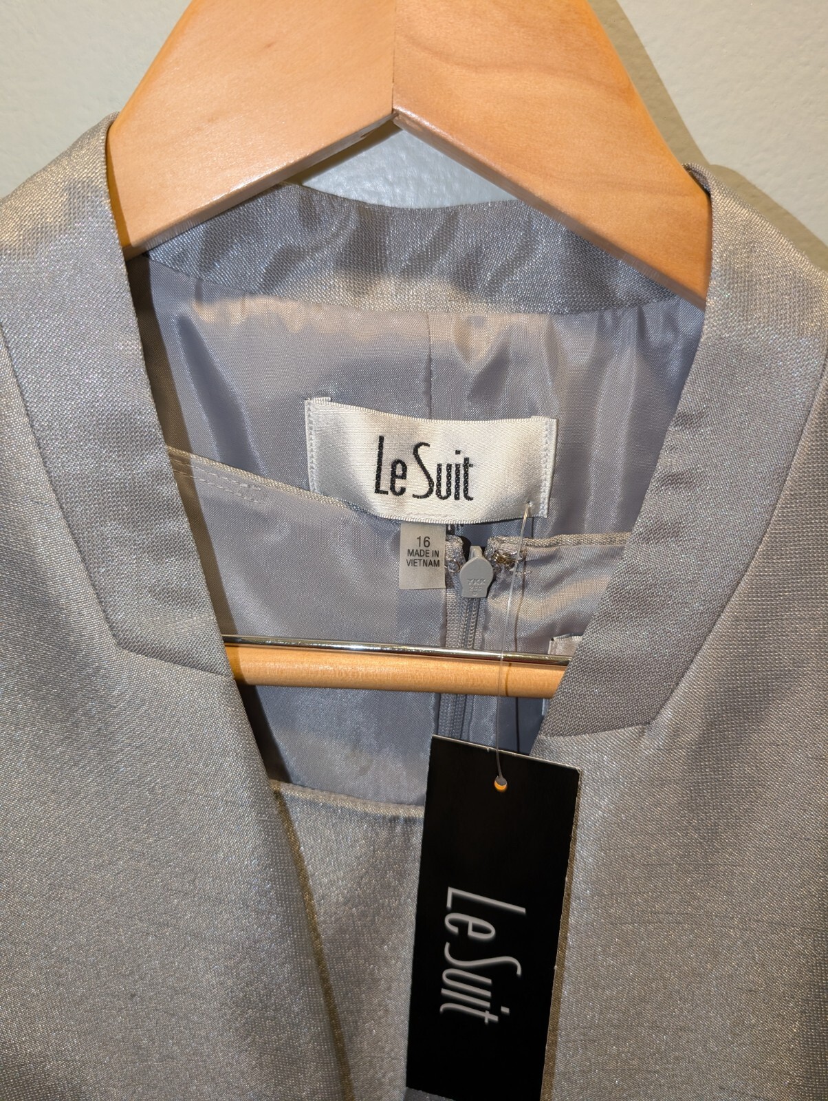 NWT Le Suit Sleeveless Dress & Jacket Suit Wild Dove Silver Sheen $300