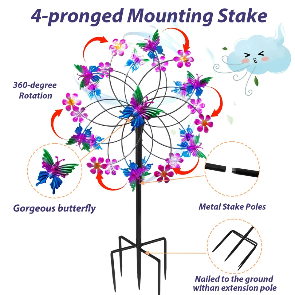 Molino de viento de metal de 79" decoración de arte de jardín hilandero de viento patio cinético escultura colorida Foto 4 de 4