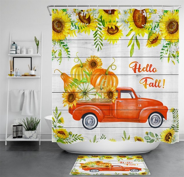 Hello Fall Shower Curtain Sets Farm Truck Sunflower