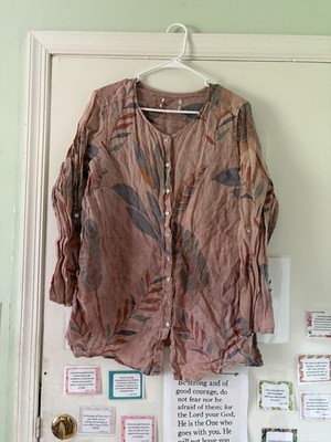 Tahari Women s 100% Linen Floral Dyed Button Down Shirt Plus Size 2X