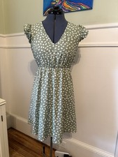 Green Ruffle Sleeve V-Neck A-Line Dress Polka Dot Print Polyester Women’s S