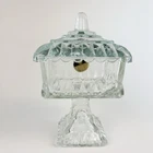 Vintage Jeanette Glass Clear Wedding Cake Box Pedestal Candy Dish Lid 6.5x3.5”