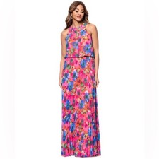 XSCAPE (B14) Women's Floral Chiffon Pleated Halter Gown - Orange Multi size 12
