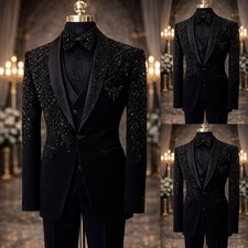 Black Men Suits 3Pcs Beads Luxury Single Breasted Jacket Prom Party Sparkly Coat