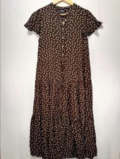 chaps women’s M brown and white polk a dot dress tiered maxi dress ruffled sleev